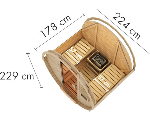 Innenansicht einer Holzsauna mit den Maßen 229 mal 178 mal 224 Zentimeter