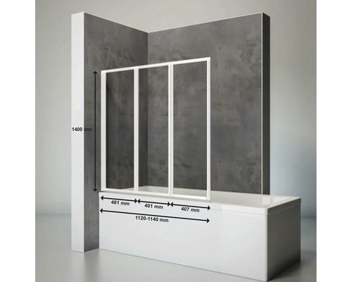 Badewannenaufsatz mit drei Elementen und Maßangaben