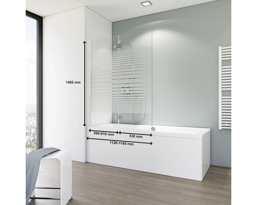 Badewannenaufsatz mit Abmessungen von 1400 mm Höhe, 590 bis 610 mm und 530 mm Breite