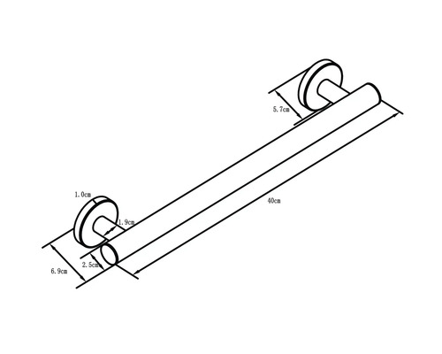 Zeichnung einer 40 Zentimeter langen Haltestange mit den Maßen 1,0 Zentimeter, 1,9 Zentimeter, 2,5 Zentimeter, 5,7 Zentimeter und 6,9 Zentimeter.