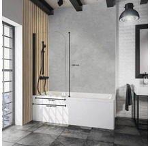 Badezimmer mit Badewanne, Duschabtrennung und Maßangaben