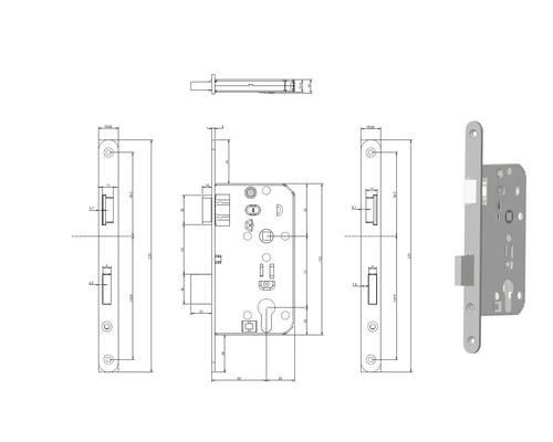 Technische Zeichnung eines Einsteckschlosses mit Maßen