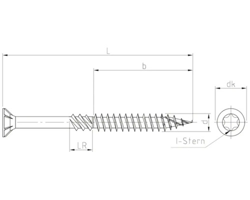 Technische Zeichnung einer Schraube mit Torx-Antrieb und Maßangaben