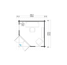 Grundriss eines Gartenhauses mit Möblierung und Maßangaben