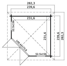 Grundrisszeichnung eines Gartenhauses mit Maßangaben