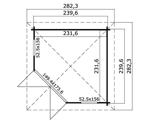 Grundrisszeichnung eines Gartenhauses mit Maßangaben