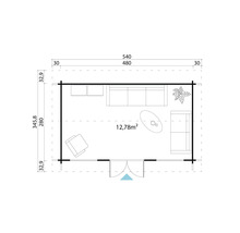 Grundrisszeichnung eines Gartenhauses mit Möbeln und den Maßen 540 mal 345,8 Zentimeter.