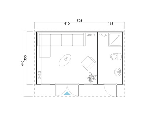 Grundriss eines Gartenhauses mit Wohnbereich und Bad mit Dusche