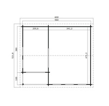 Grundrisszeichnung eines Gartenhauses mit Maßen.