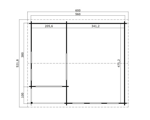 Grundrisszeichnung eines Gartenhauses mit Maßen.