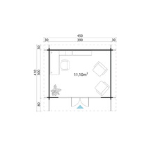 Grundrisszeichnung eines Gartenhauses mit Möbeln und Maßangaben.