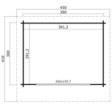 Grundrisszeichnung eines Gartenhauses mit Maßangaben