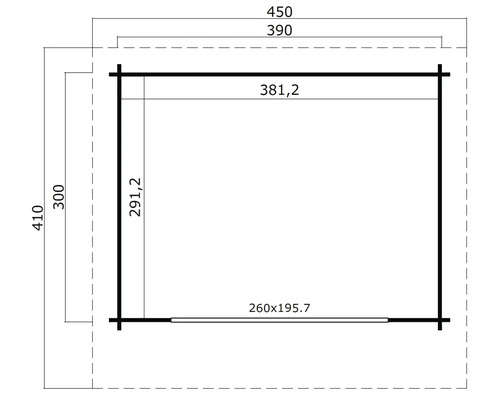 Grundrisszeichnung eines Gartenhauses mit Maßangaben