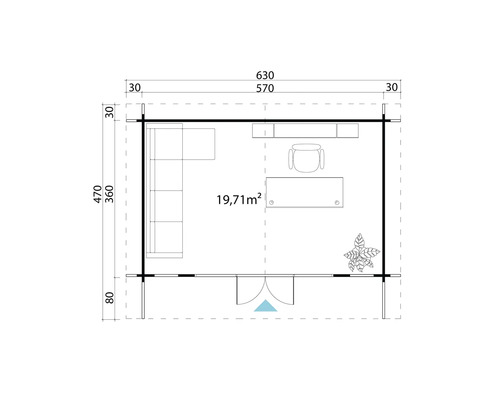 Grundriss eines Gartenhauses mit Möbeln und Abmessungen