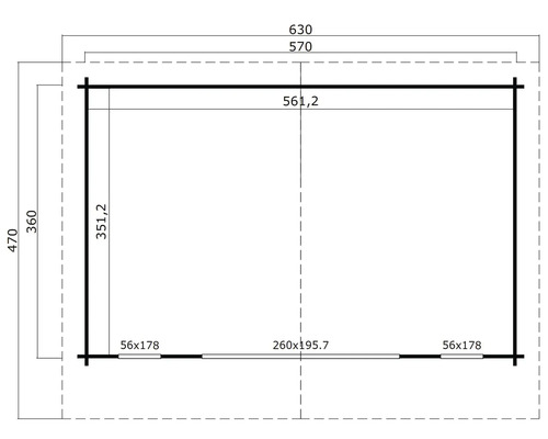 Grundrisszeichnung eines Gartenhauses mit Maßangaben