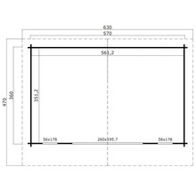 Grundrisszeichnung eines Gartenhauses mit Maßangaben