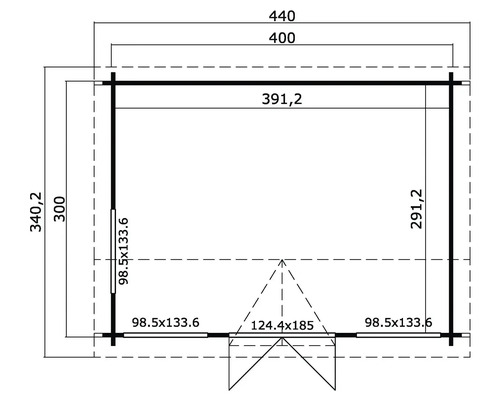 Grundrisszeichnung eines Gartenhauses mit Maßangaben