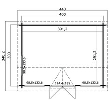 Grundrisszeichnung eines Gartenhauses mit Maßangaben