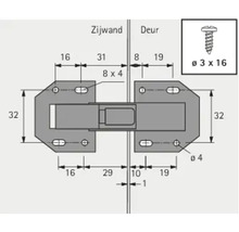 Technische Zeichnung eines Möbelscharniers mit Maßangaben für Seitenwand und Tür.
