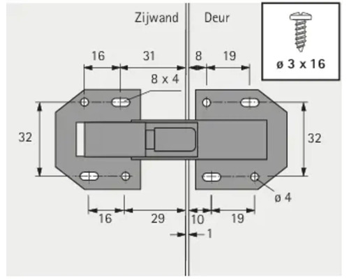Technische Zeichnung eines Möbelscharniers mit Maßangaben für Seitenwand und Tür.