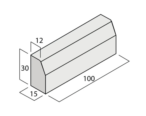Abbildung eines Bordsteins mit den Maßen 12, 15, 30 und 100 Zentimeter.