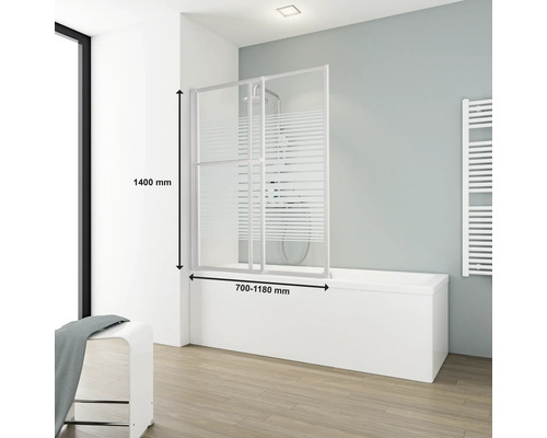 Badewannenaufsatz mit zwei Schiebetüren aus Glas und Aluminiumrahmen mit den Maßen 1400 mm Höhe und 700 bis 1180 mm Breite.