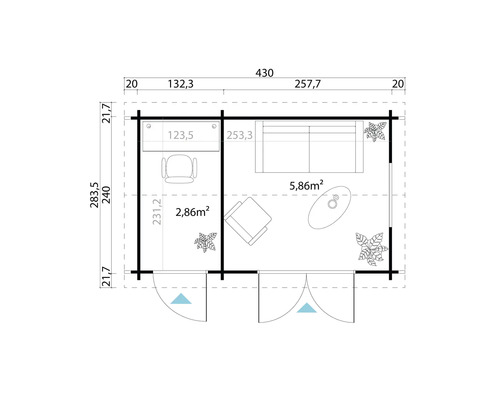 Grundriss eines Gartenhauses mit Maßangaben