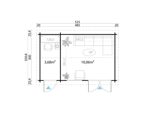Grundriss eines Gartenhauses mit Büro- und Wohnbereich sowie Maßangaben
