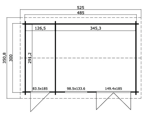 Grundrisszeichnung einer Gartenlaube mit Maßangaben