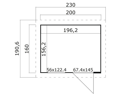 Grundrisszeichnung einer Gartenlaube mit Maßangaben.