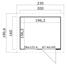 Grundrisszeichnung eines Gartenhauses mit Maßangaben
