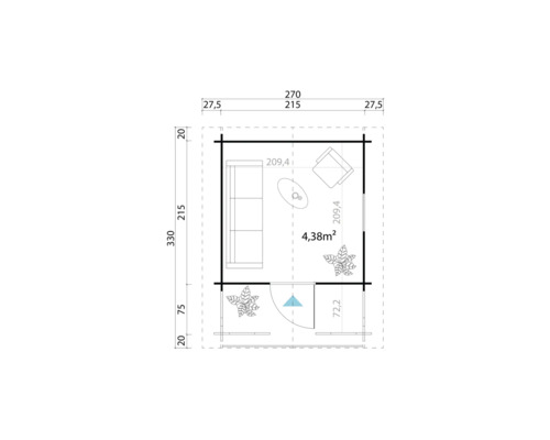 Grundriss eines Gartenhauses mit Bemaßung und Einrichtung
