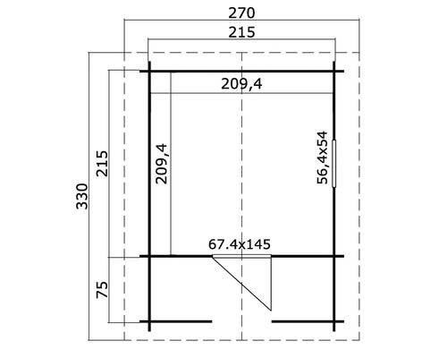 Grundrisszeichnung eines Gartenhauses mit Maßangaben