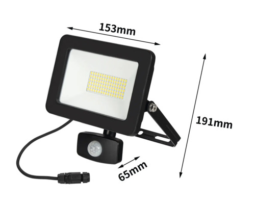 LED-Strahler mit Bewegungsmelder und Abmessungen