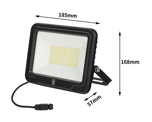 LED-Strahler mit Maßangaben für Breite, Höhe und Tiefe