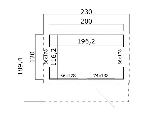Grundrisszeichnung eines Gartenhauses mit Maßangaben