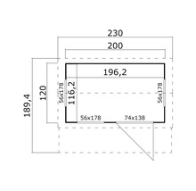 Grundrisszeichnung eines Gartenhauses mit Maßangaben in Zentimetern
