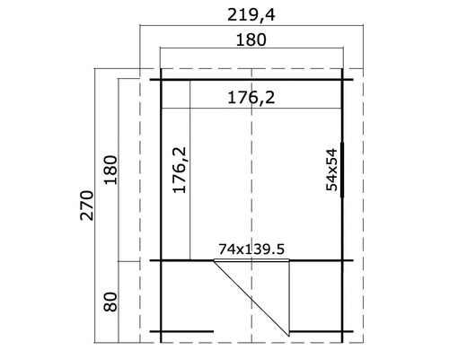 Technische Zeichnung eines Gerätehauses mit Maßangaben