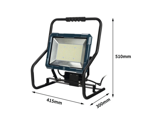 LED-Baustrahler mit den Maßen 510 mm Höhe, 415 mm Breite und 300 mm Tiefe.