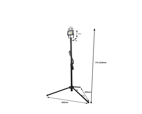 LED-Baustrahler auf Stativ mit den Maßen 770 bis 1250 Millimeter Höhe und 850 Millimeter Stativfußlänge