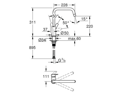 Technische Zeichnung einer Armatur mit Maßangaben