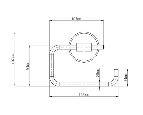 Technische Zeichnung eines Toilettenpapierhalters mit Maßangaben