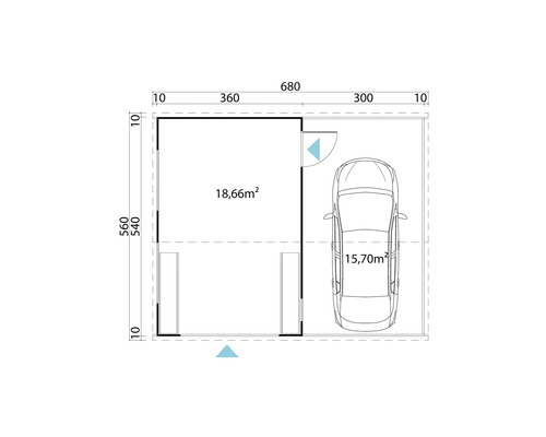 Grundriss einer Garage mit den Maßen 680 mal 560 cm und einer Fläche von 18,66 Quadratmetern sowie einer Parkfläche mit 15,70 Quadratmetern