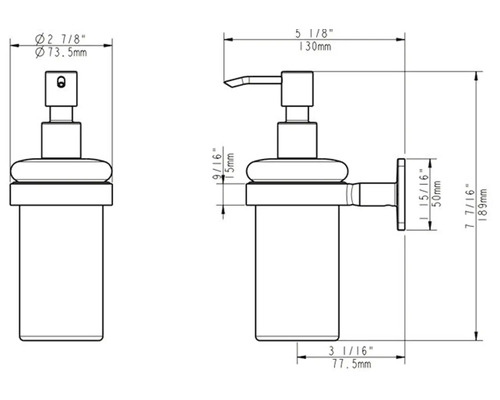 Technische Zeichnung eines Seifenspenders mit Maßangaben