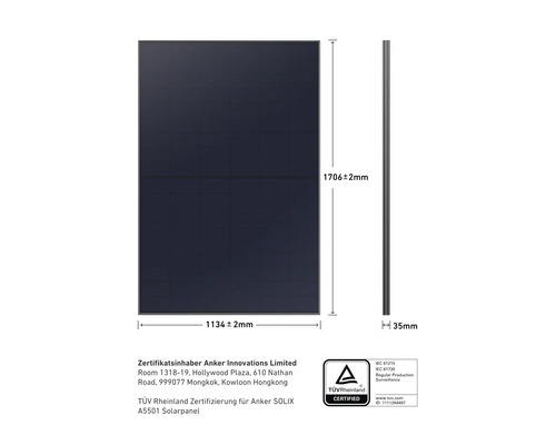 Anker SOLIX A5501 Solarpanel mit Abmessungen und TÜV Rheinland Zertifikat