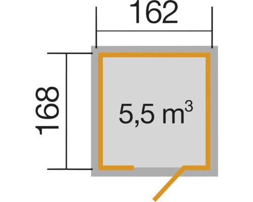 Grundriss mit Abmessungen: 162 cm Breite, 168 cm Tiefe und 5,5 Kubikmeter Volumen