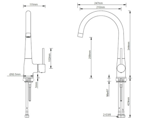 Technische Zeichnung einer Küchenarmatur mit Maßangaben