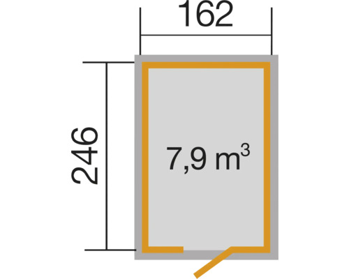 Grundrisszeichnung mit Abmessungen 162 x 246 und Volumenangabe 7,9 Kubikmeter