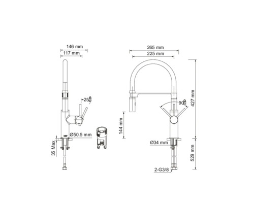 Maßzeichnung einer Küchenarmatur mit verschiedenen Ansichten und Bemaßungen.