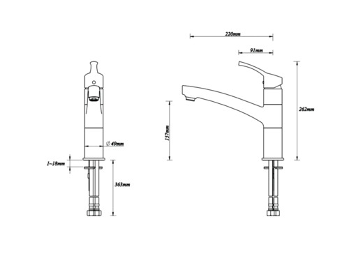 Technische Zeichnung einer Küchenarmatur mit Maßangaben